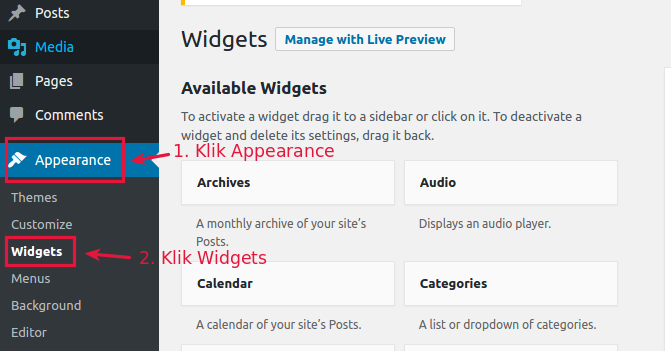 cara memasang widget di WordPress