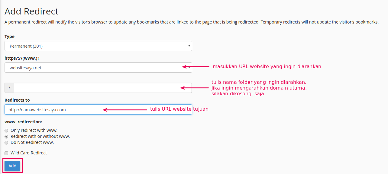 cara redirect domain dari cPanel Hosting