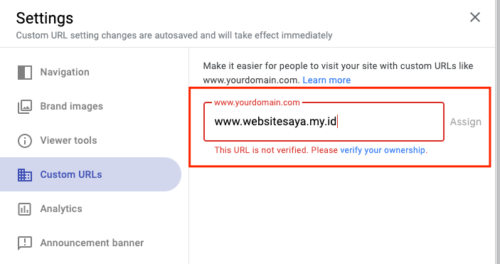 custom domain ID ke Google Sites