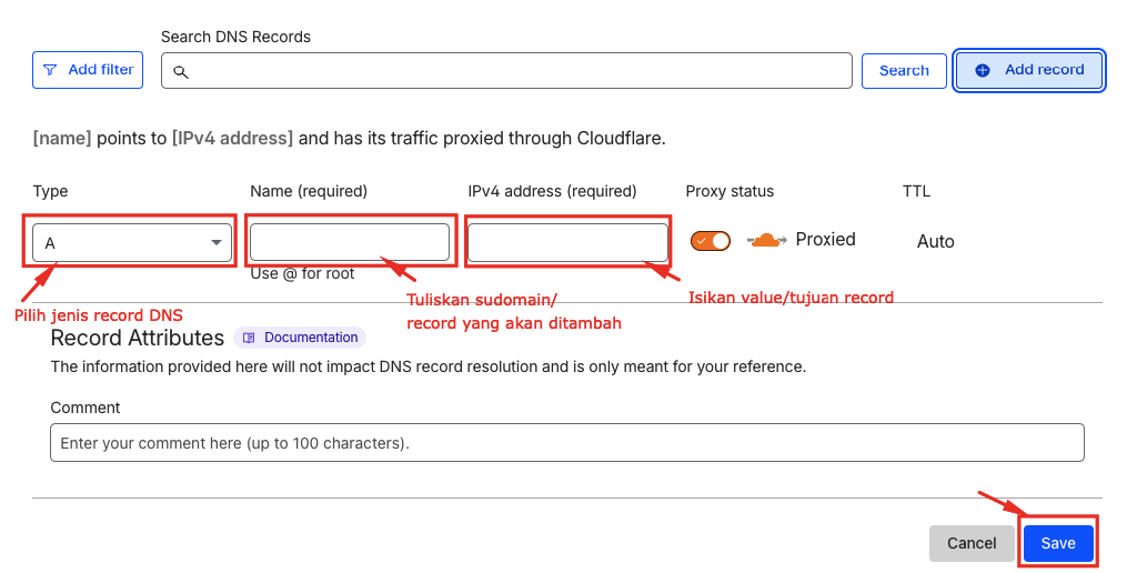 Cara Menambahkan Record Subdomain di Cloudflare 4 Menambah record subdomain di cloudflare