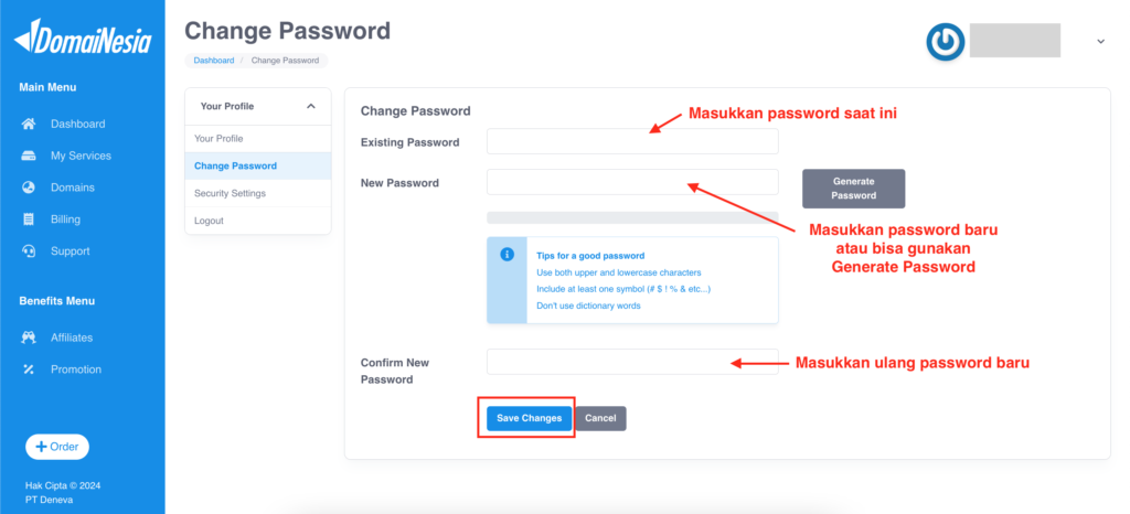 mengubah password akun domainesia