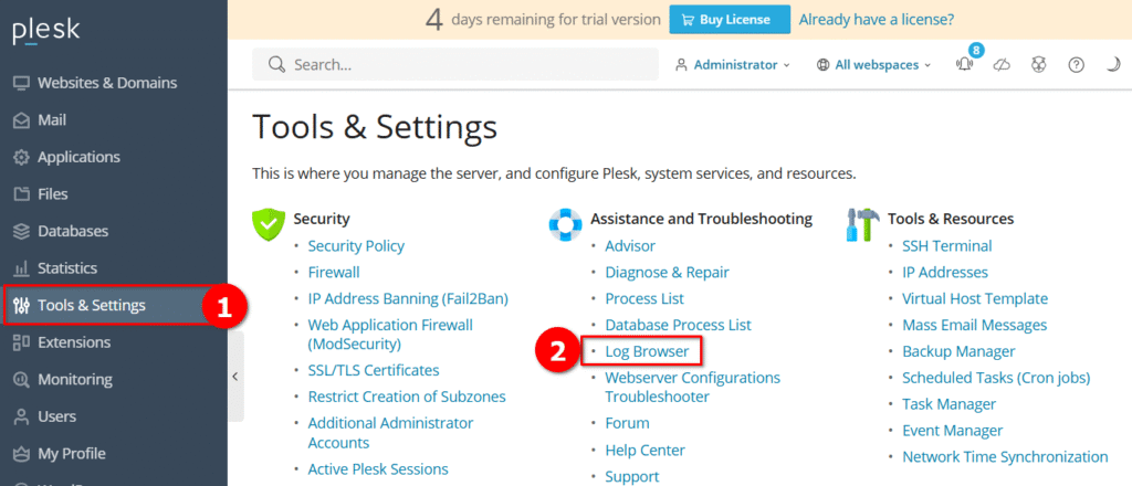 Cara Cek Log Aktivitas Server di Plesk Panel (Log Browser)