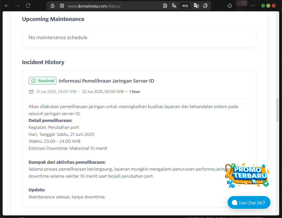 Cara Cek Status Server DomaiNesia Dan Jadwal Pemeliharaan