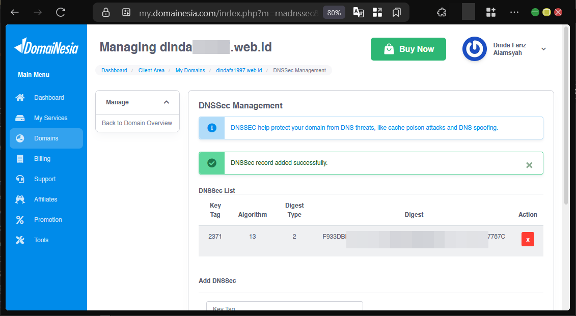 Cara Aktifkan Domain Cloudflare DNSSec di MyDomaiNesia