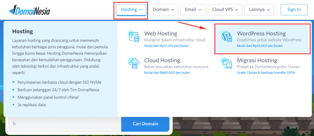 Order Layanan WordPress Hosting di DomaiNesia