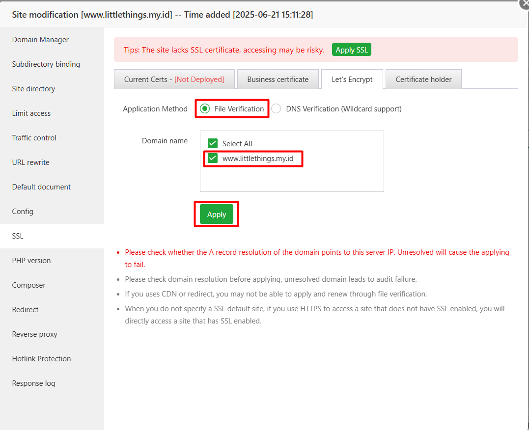 Tutorial Cara Instal SSL Gratis (Let's Encrypt) di aaPanel 6 Tutorial Cara Instal SSL Gratis (Let's Encrypt) di aaPanel 5