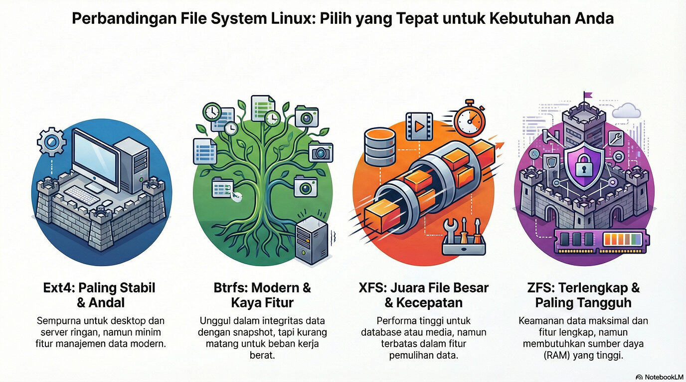 Perbedaan antara Ext4, Btrfs, XFS, dan ZFS 2 Perbedaan Ext4, Btrfs, XFS, dan ZFS
