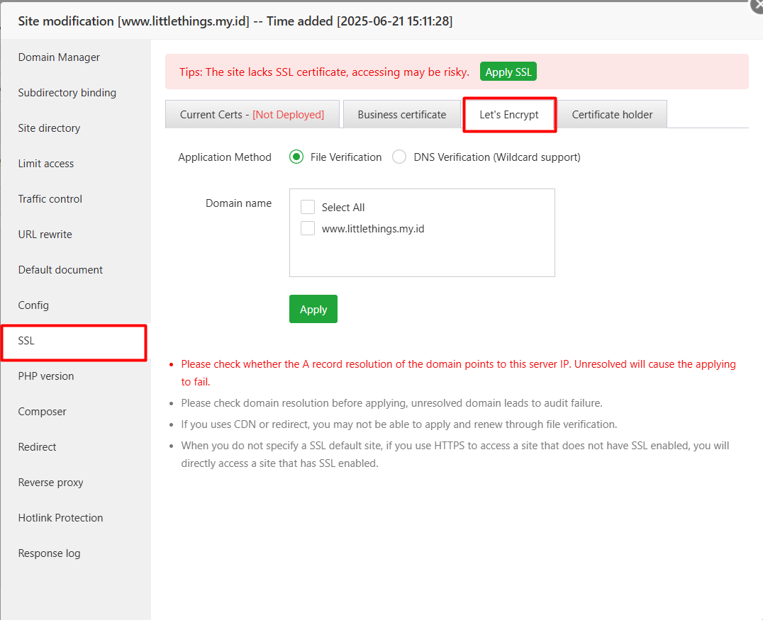 Tutorial Cara Instal SSL Gratis (Let's Encrypt) di aaPanel 5 Tutorial Cara Instal SSL Gratis (Let's Encrypt) di aaPanel 4
