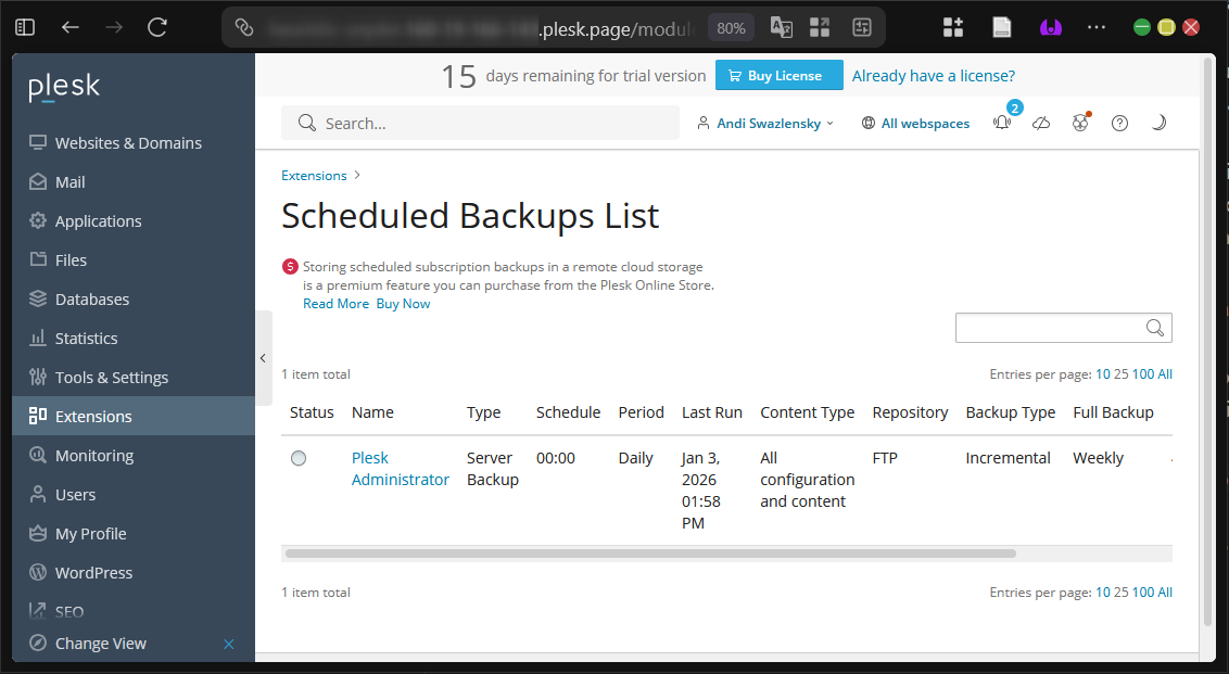 Panduan Schedule Backup di Plesk Panel (Metode GUI) 14 Panduan Schedule Backup di Plesk Panel (Metode GUI)