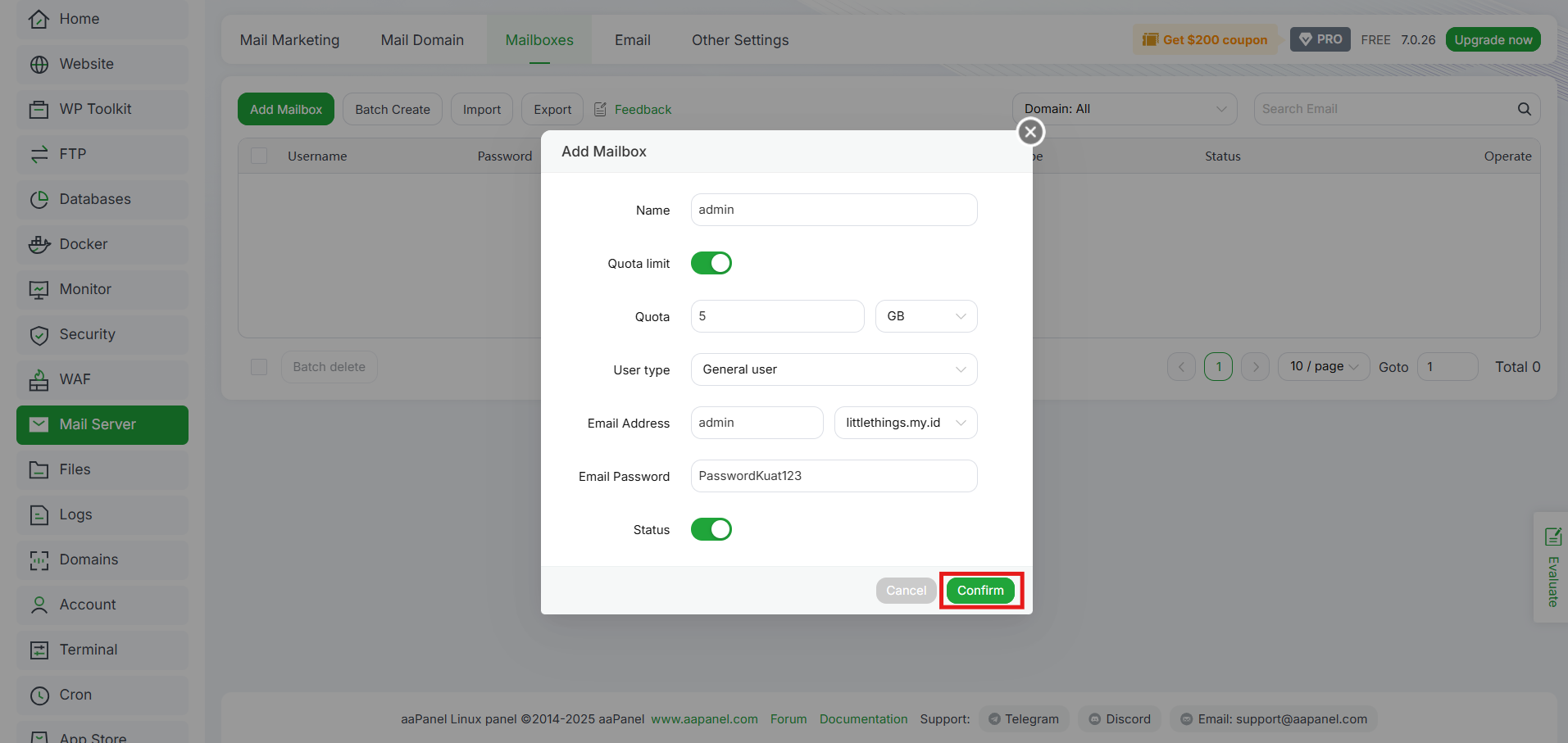 Tutorial Cara Menambah & Mengelola Email Account di aaPanel 7 Tutorial Cara Menambah & Mengelola Email Account di aaPanel 6