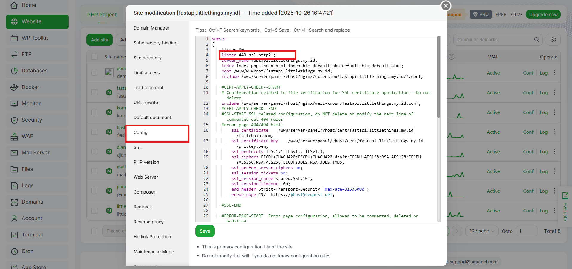 Cara Mengaktifkan HTTP/2 dan HTTP/3 (QUIC) di aaPanel 3 Cara Mengaktifkan HTTP/2 dan HTTP/3 (QUIC) di aaPanel 2