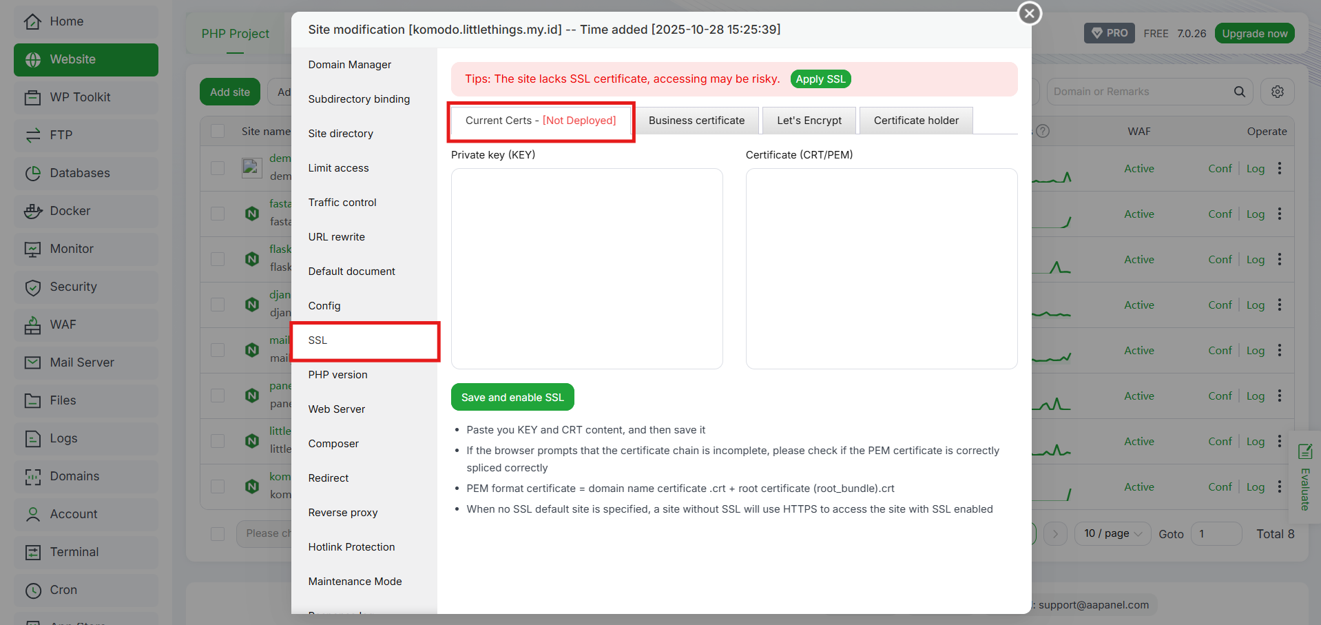 Cara Menambahkan Custom SSL (Non-Let's Encrypt) di aaPanel 5 Cara Menambahkan Custom SSL (Non-Let's Encrypt) di aaPanel 4