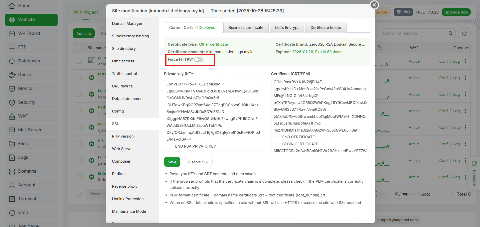 Cara Menambahkan Custom SSL (Non-Let's Encrypt) di aaPanel 8 Cara Menambahkan Custom SSL (Non-Let's Encrypt) di aaPanel 7