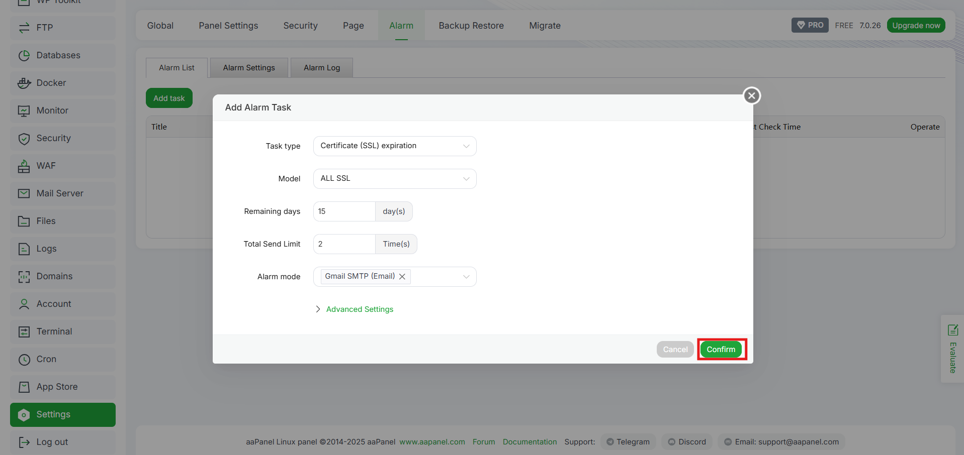 Cara Setup Notifikasi Server aaPanel via Telegram dan Email 10 Cara Setup Notifikasi Server aaPanel via Telegram dan Email 9