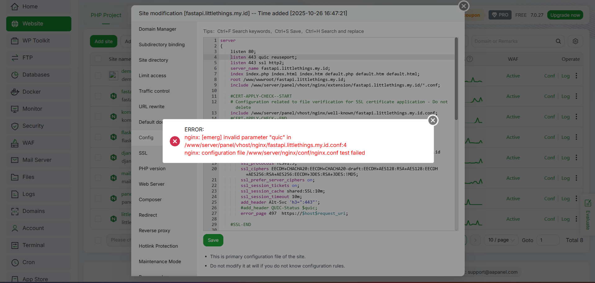 Cara Mengaktifkan HTTP/2 dan HTTP/3 (QUIC) di aaPanel 8 Cara Mengaktifkan HTTP/2 dan HTTP/3 (QUIC) di aaPanel 7