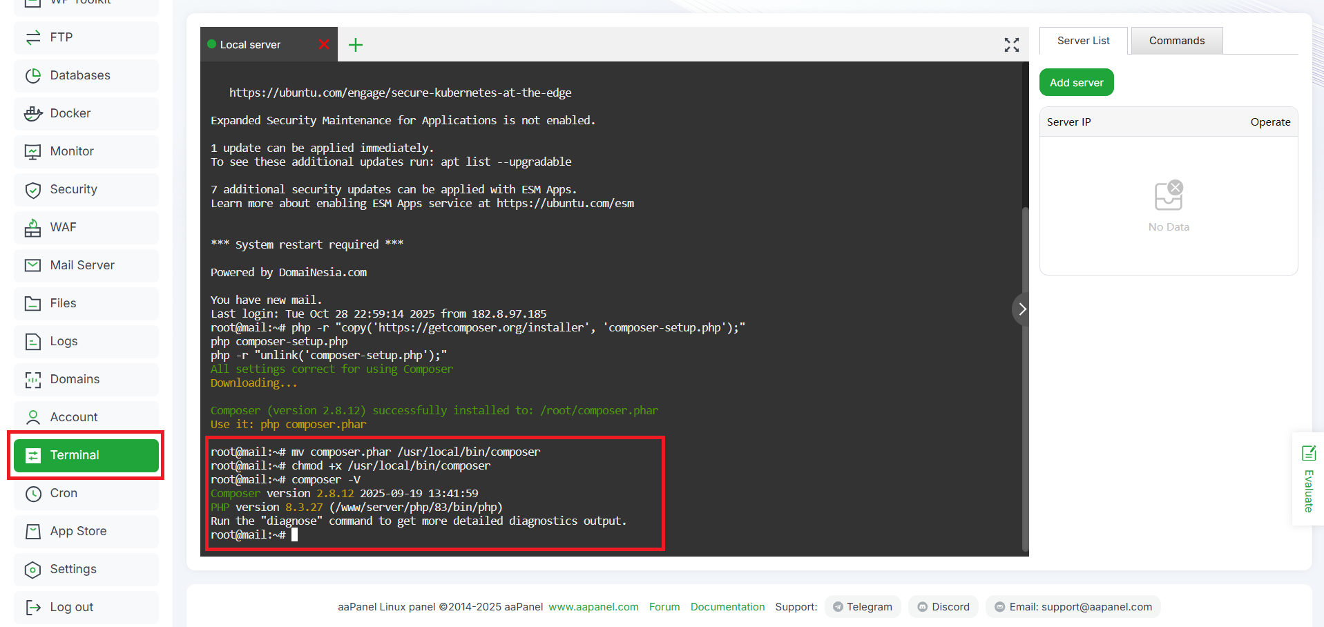 Cara Mengatur Composer & Node Package Manager di aaPanel 4 Cara Mengatur Composer & Node Package Manager di aaPanel 3