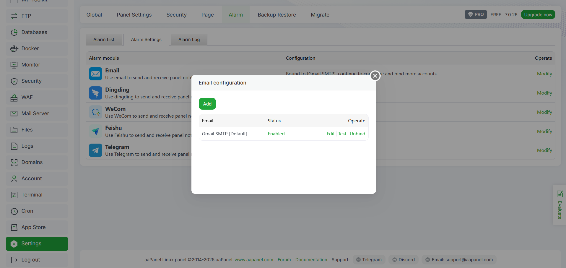 Cara Setup Notifikasi Server aaPanel via Telegram dan Email 7 Cara Setup Notifikasi Server aaPanel via Telegram dan Email 6