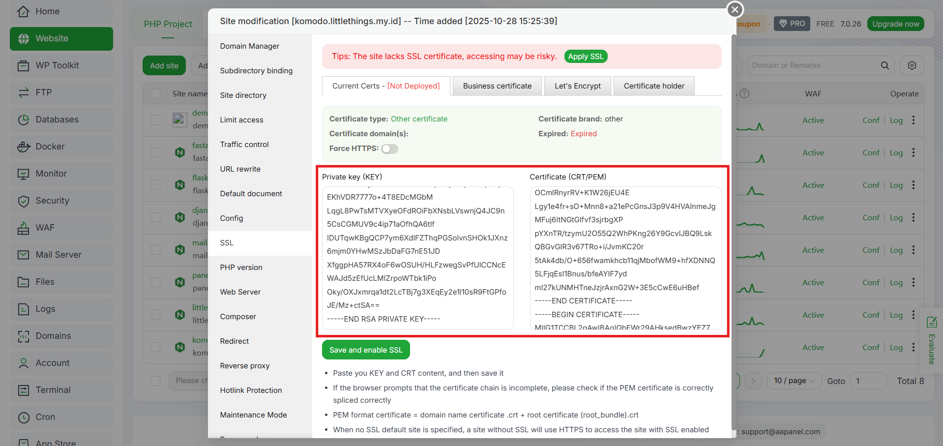 Cara Menambahkan Custom SSL (Non-Let's Encrypt) di aaPanel 6 Cara Menambahkan Custom SSL (Non-Let's Encrypt) di aaPanel 5