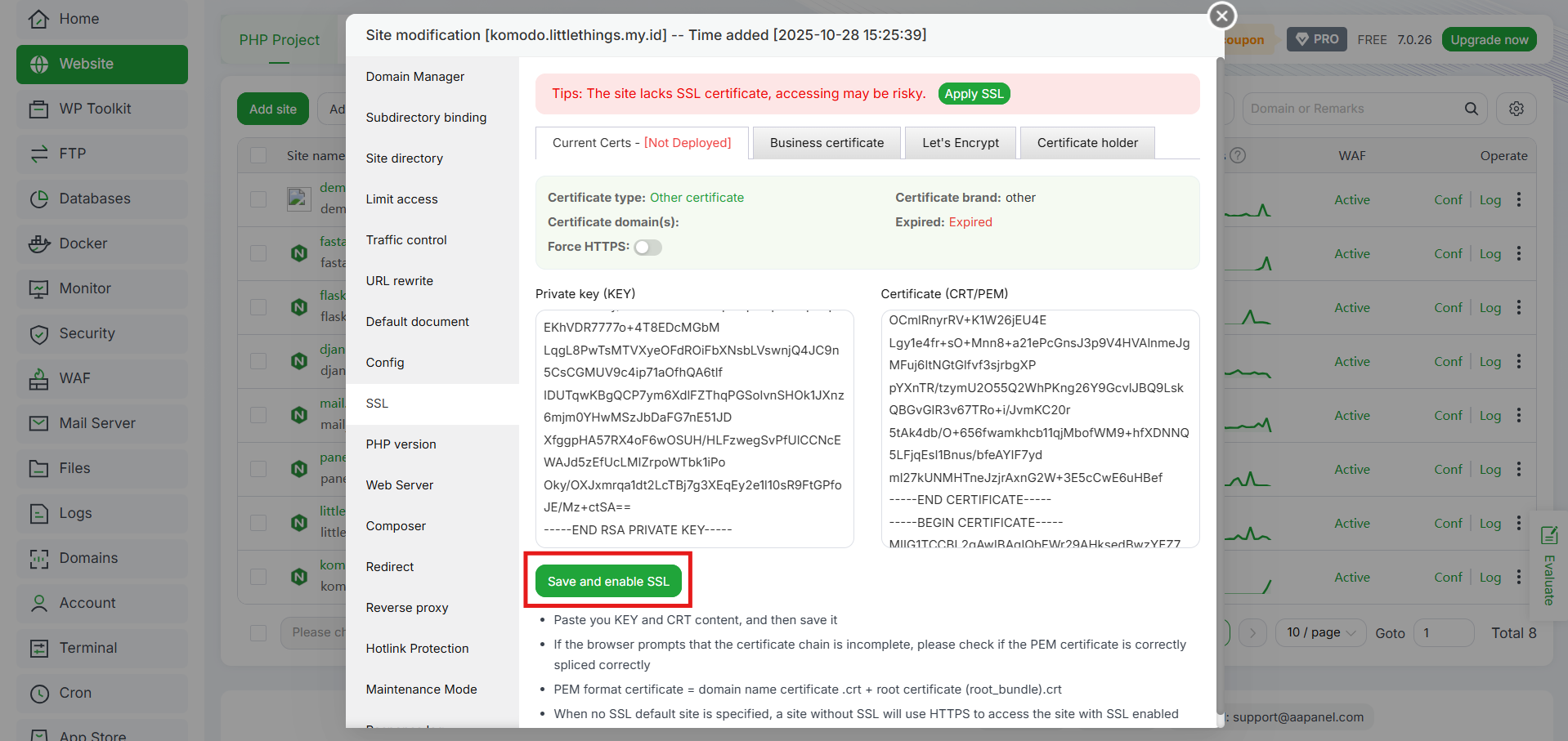 Cara Menambahkan Custom SSL (Non-Let's Encrypt) di aaPanel 7 Cara Menambahkan Custom SSL (Non-Let's Encrypt) di aaPanel 6
