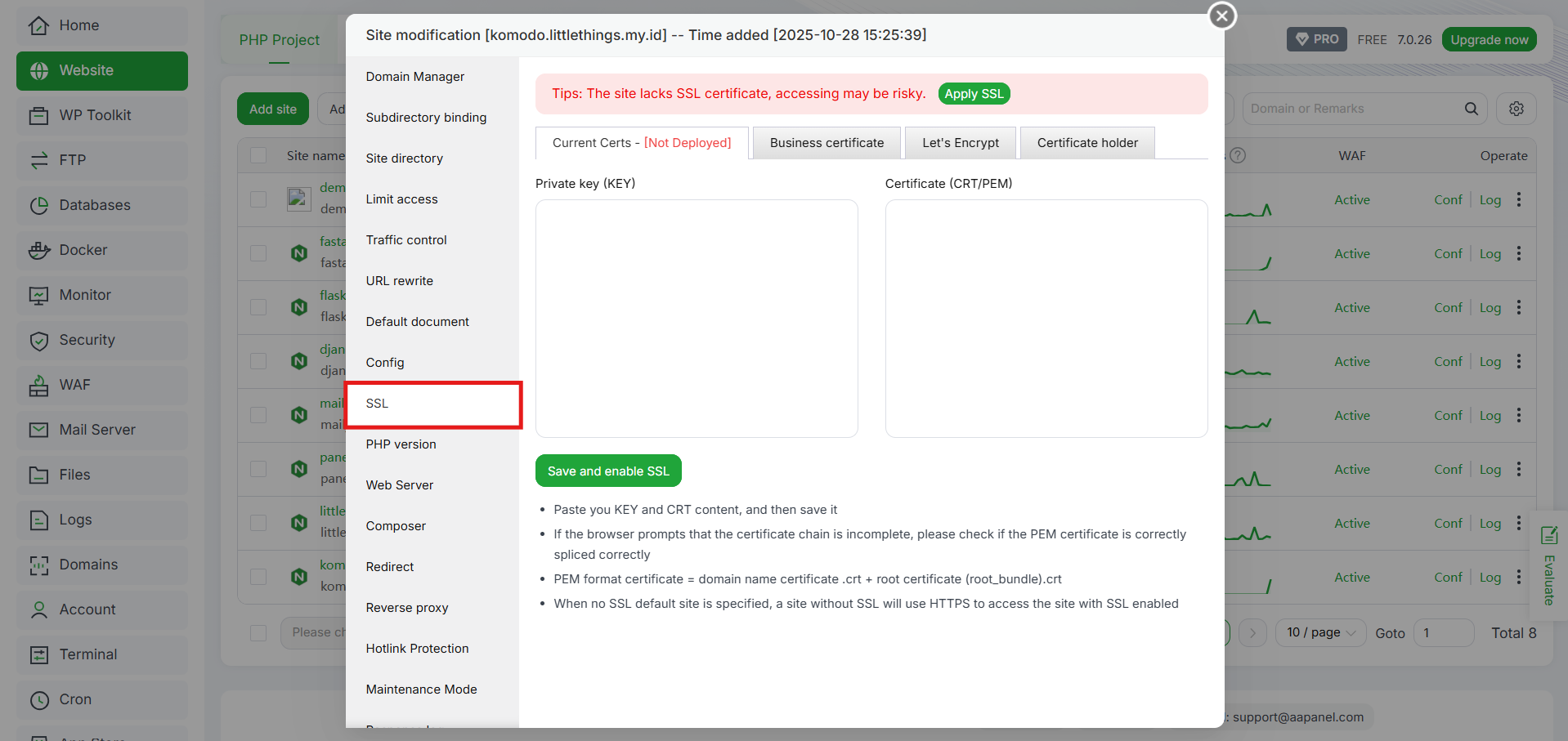 Cara Menambahkan Custom SSL (Non-Let's Encrypt) di aaPanel 4 Cara Menambahkan Custom SSL (Non-Let's Encrypt) di aaPanel 3