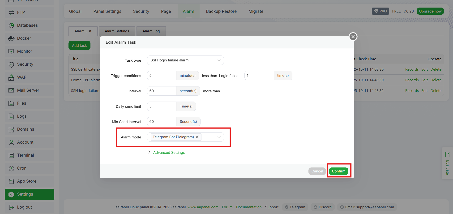 Cara Setup Notifikasi Server aaPanel via Telegram dan Email 22 Cara Setup Notifikasi Server aaPanel via Telegram dan Email 21