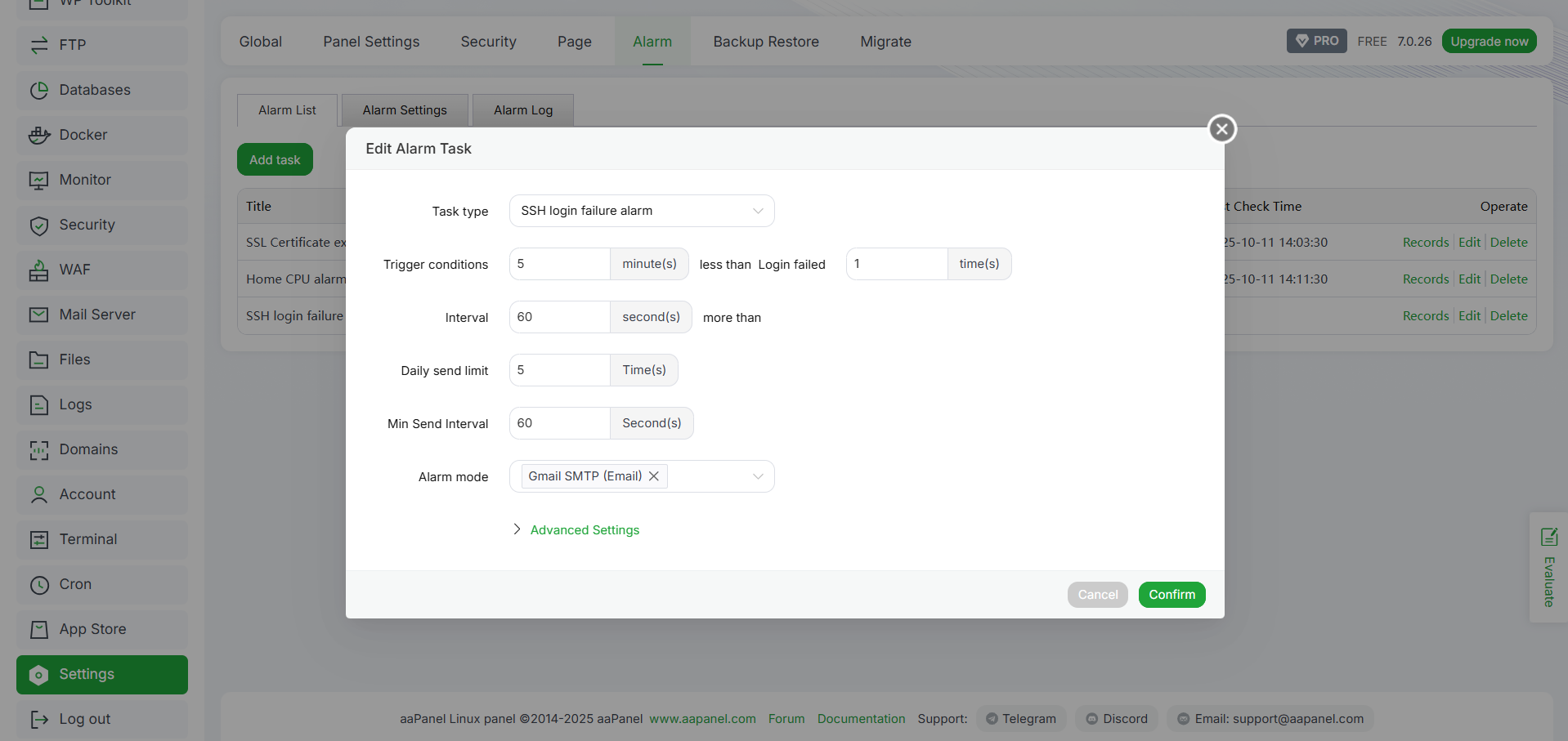 Cara Setup Notifikasi Server aaPanel via Telegram dan Email 11 Cara Setup Notifikasi Server aaPanel via Telegram dan Email 10