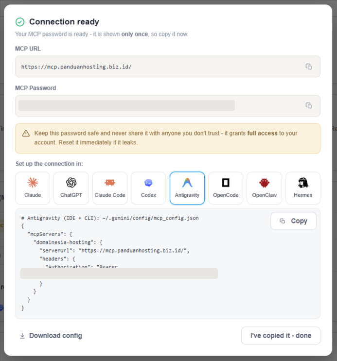 Gambar 4. Pilih tab Antigravity dan salin konfigurasi yang disediakan. Password sudah disensor pada contoh gambar. Gambar 4. Pilih tab Antigravity dan salin konfigurasi yang disediakan. Password sudah disensor pada contoh gambar.