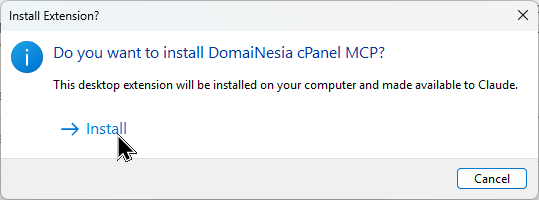 Gambar 10. Konfirmasi instalasi DomaiNesia cPanel MCP pada popup Claude Desktop. Gambar 10. Konfirmasi instalasi DomaiNesia cPanel MCP pada popup Claude Desktop.