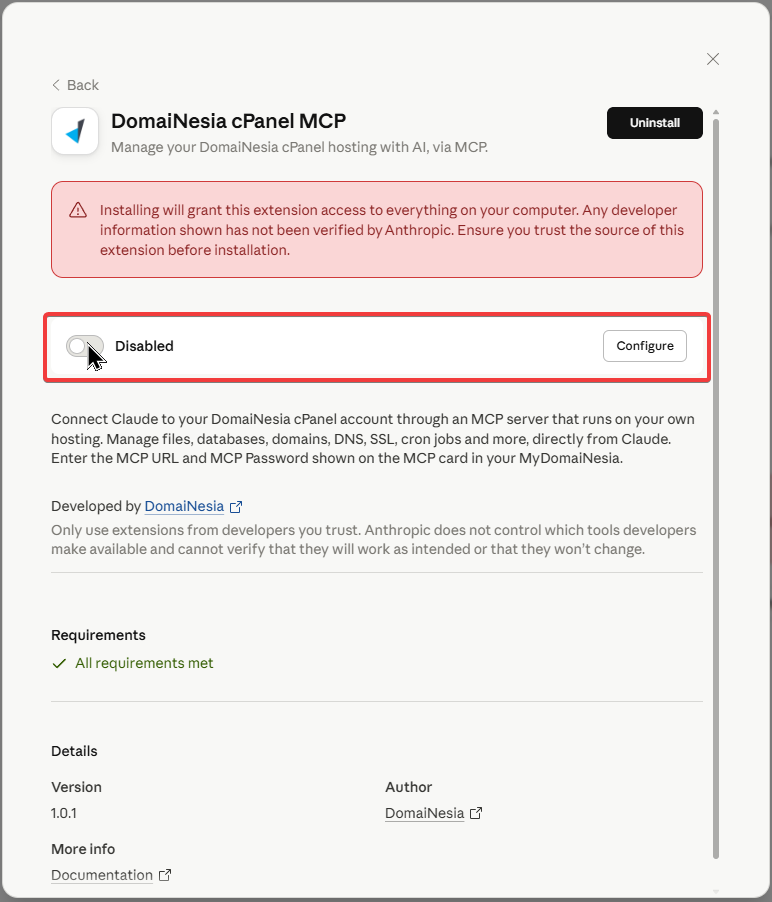 Gambar 11. Klik Configure, isi MCP URL dan MCP Password, lalu aktifkan DomaiNesia cPanel MCP. Gambar 11. Klik Configure, isi MCP URL dan MCP Password, lalu aktifkan DomaiNesia cPanel MCP.
