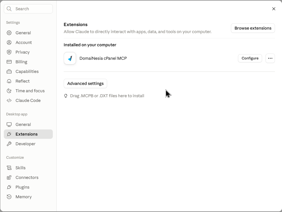 Gambar 12. DomaiNesia cPanel MCP sudah muncul pada daftar extension yang terpasang. Gambar 12. DomaiNesia cPanel MCP sudah muncul pada daftar extension yang terpasang.
