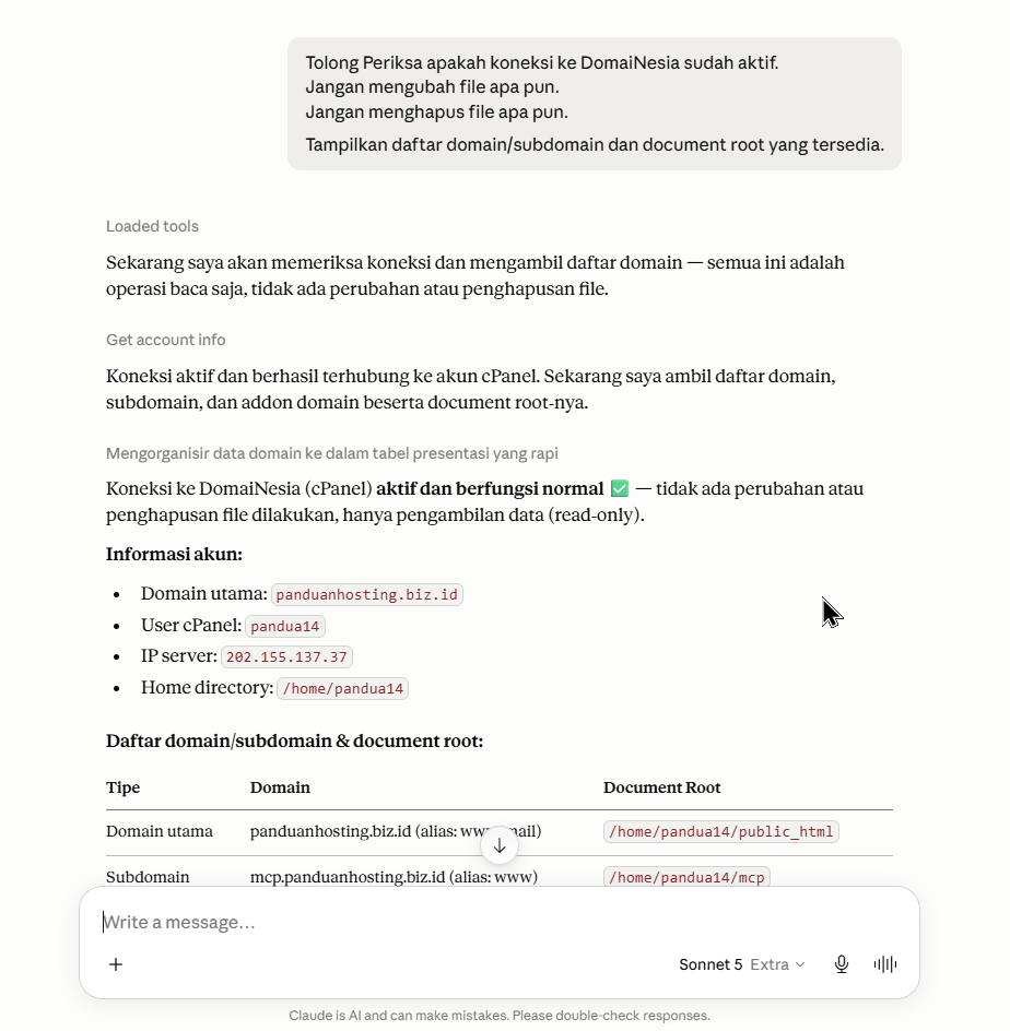 Gambar 13. Uji koneksi berhasil dan Claude menampilkan informasi akun serta daftar domain dan document root. Gambar 13. Uji koneksi berhasil dan Claude menampilkan informasi akun serta daftar domain dan document root.
