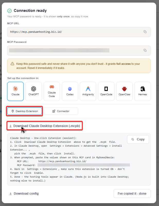 Gambar 4. Pilih Claude, buka tab Desktop Extension, lalu download file Claude Desktop Extension (.mcpb). Password sudah disensor pada contoh gambar. Gambar 4. Pilih Claude, buka tab Desktop Extension, lalu download file Claude Desktop Extension (.mcpb). Password sudah disensor pada contoh gambar.