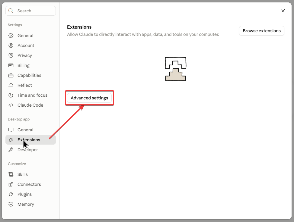 Gambar 6. Buka Settings > Extensions, lalu klik Advanced settings. Gambar 6. Buka Settings > Extensions, lalu klik Advanced settings.