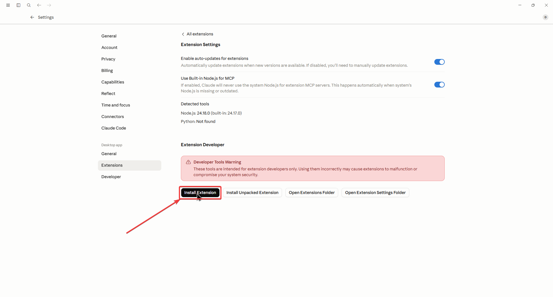 Gambar 7. Klik Install Extension pada halaman Advanced settings. Gambar 7. Klik Install Extension pada halaman Advanced settings.