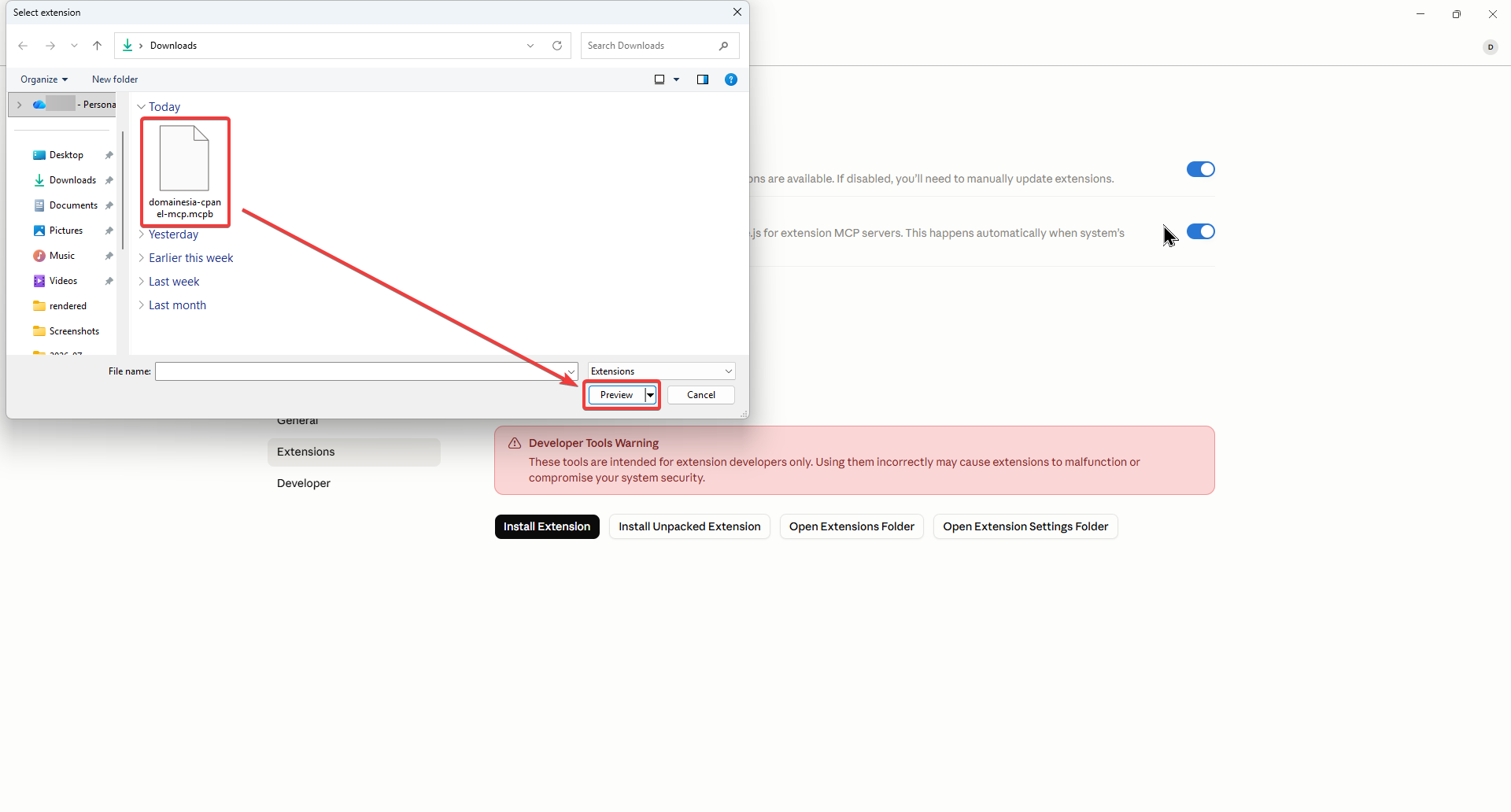 Gambar 8. Pilih file Claude Desktop Extension berformat .mcpb yang sudah diunduh. Gambar 8. Pilih file Claude Desktop Extension berformat .mcpb yang sudah diunduh.
