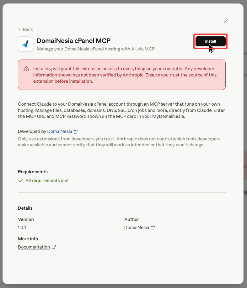 Gambar 9. Tinjau informasi DomaiNesia cPanel MCP, lalu klik Install. Gambar 9. Tinjau informasi DomaiNesia cPanel MCP, lalu klik Install.