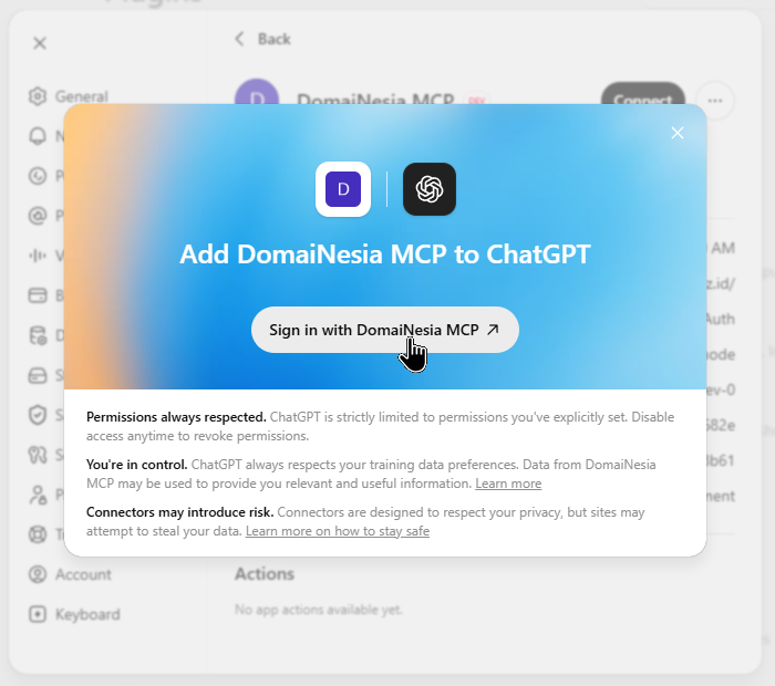 Gambar 10. Klik Sign in with DomaiNesia MCP untuk memulai otorisasi. Gambar 10. Klik Sign in with DomaiNesia MCP untuk memulai otorisasi.
