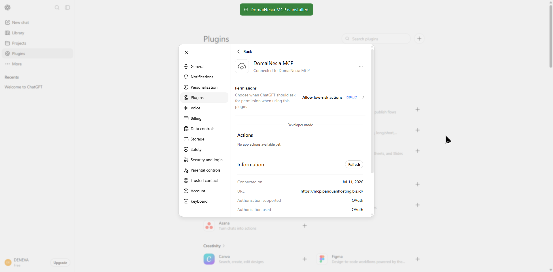 Gambar 12. DomaiNesia MCP sudah terpasang dan terhubung melalui OAuth. Gambar 12. DomaiNesia MCP sudah terpasang dan terhubung melalui OAuth.