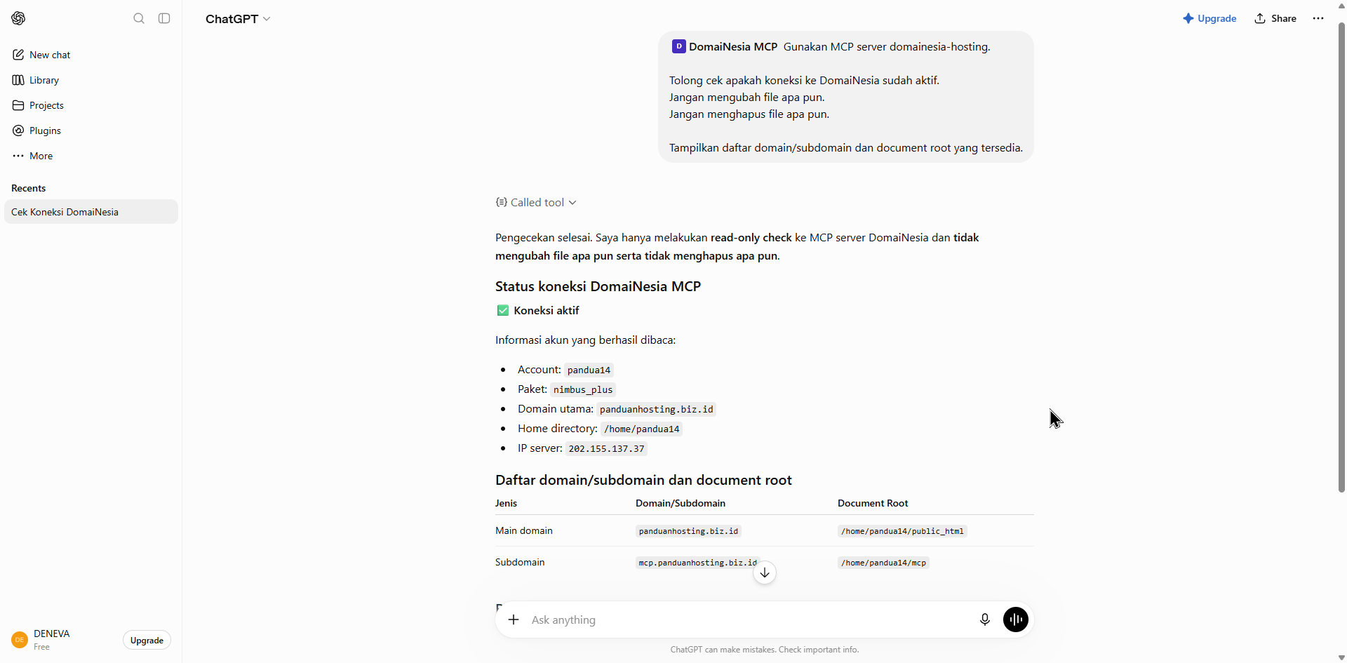 Gambar 14. uji koneksi berhasil dan ChatGPT menampilkan informasi hosting serta document root. Gambar 14. uji koneksi berhasil dan ChatGPT menampilkan informasi hosting serta document root.