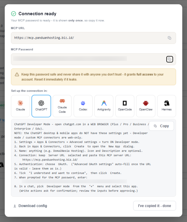 Gambar 4. Connection ready dengan opsi ChatGPT dipilih. MCP Password sudah disensor. Gambar 4. Connection ready dengan opsi ChatGPT dipilih. MCP Password sudah disensor.