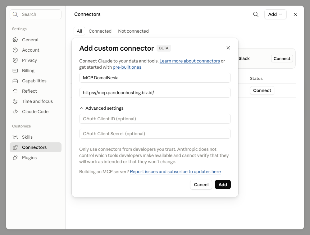 Gambar 5. Contoh pengisian nama connector dan Remote MCP Server URL. Gambar 5. Contoh pengisian nama connector dan Remote MCP Server URL.