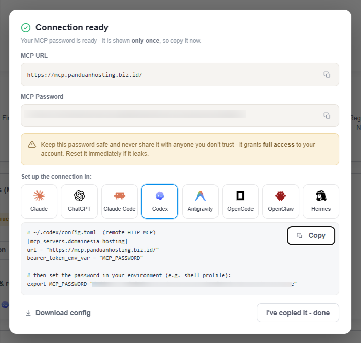 Gambar 4. Pilih tab Codex dan salin MCP URL serta password. Password pada gambar sudah disensor. Gambar 4. Pilih tab Codex dan salin MCP URL serta password. Password pada gambar sudah disensor.