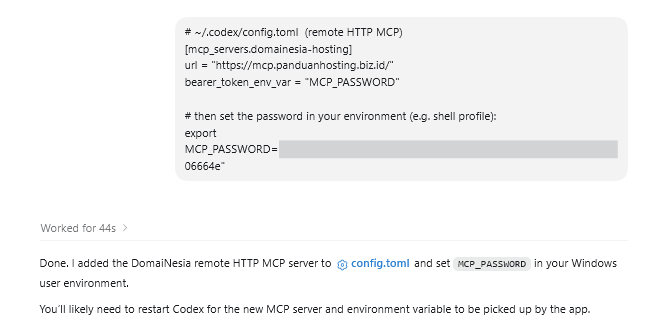 Gambar 5. Contoh konfigurasi MCP di chat Project Codex. Password asli sudah disensor. Gambar 5. Contoh konfigurasi MCP di chat Project Codex. Password asli sudah disensor.
