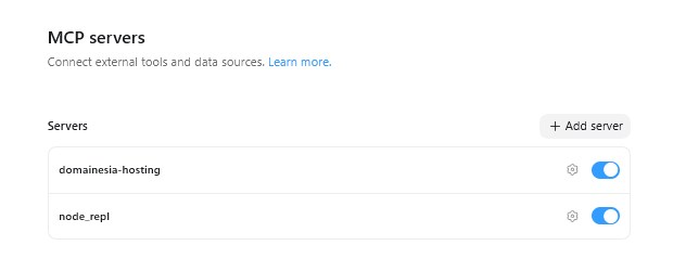 Gambar 6. MCP server domainesia-hosting muncul setelah Codex app direstart. Gambar 6. MCP server domainesia-hosting muncul setelah Codex app direstart.