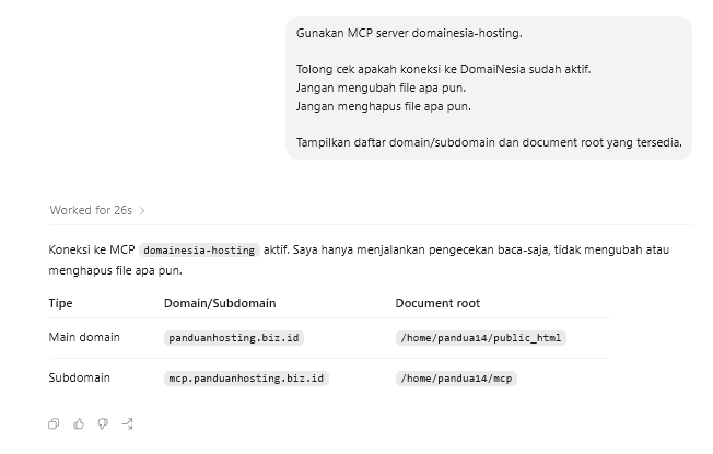 Panduan Koneksi Codex dengan AI Agent Access (MCP) DomaiNesia 3 Panduan Koneksi Codex dengan AI Agent Access (MCP) DomaiNesia 2