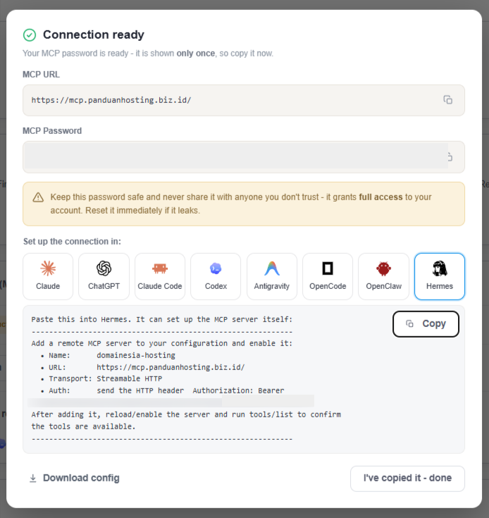 Gambar 4. Pilih tab Hermes dan salin instruksi konfigurasi yang disediakan. Password sudah disensor pada contoh gambar. Gambar 4. Pilih tab Hermes dan salin instruksi konfigurasi yang disediakan. Password sudah disensor pada contoh gambar.