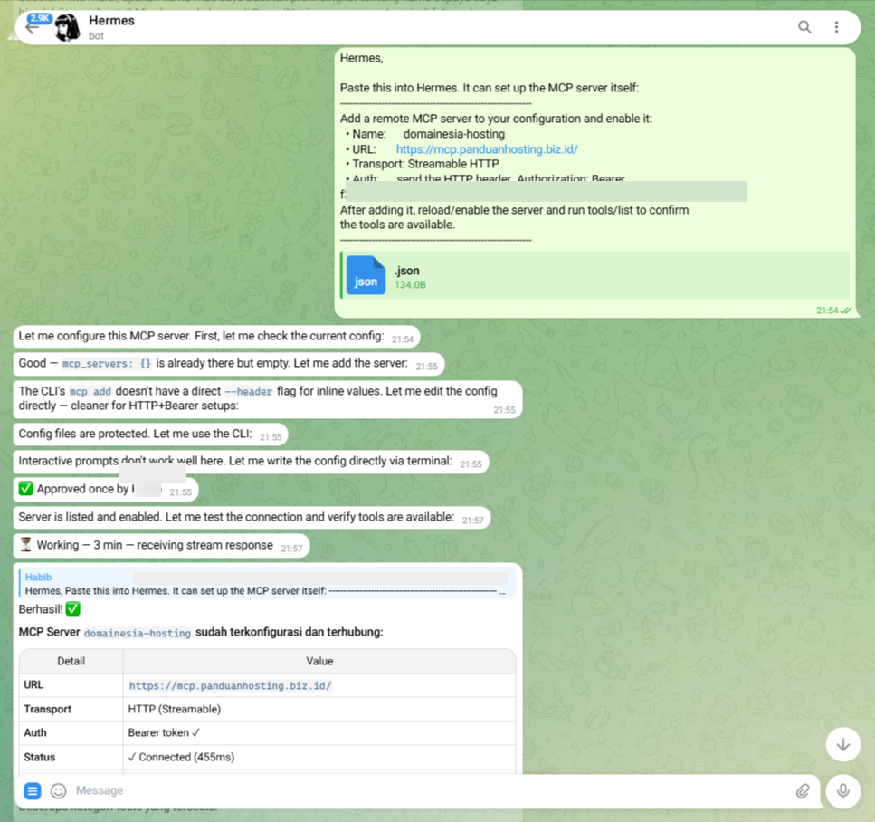 Gambar 5. Hermes menambahkan server domainesia-hosting dan mengaktifkan koneksi MCP. Gambar 5. Hermes menambahkan server domainesia-hosting dan mengaktifkan koneksi MCP.