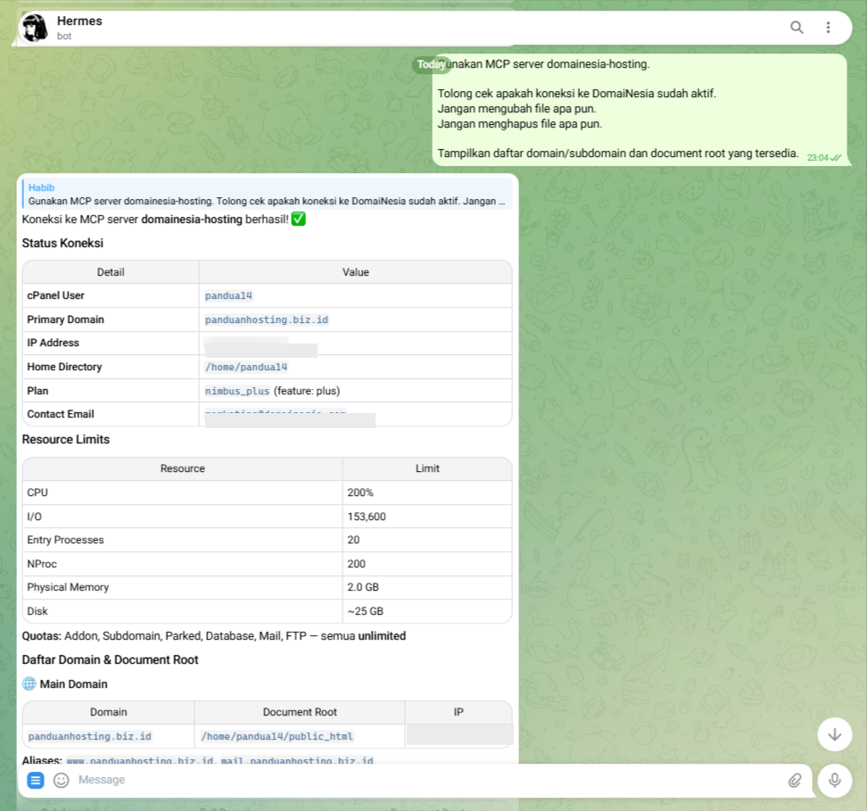 Gambar 6. uji koneksi berhasil dan Hermes menampilkan informasi hosting serta document root. Gambar 6. uji koneksi berhasil dan Hermes menampilkan informasi hosting serta document root.