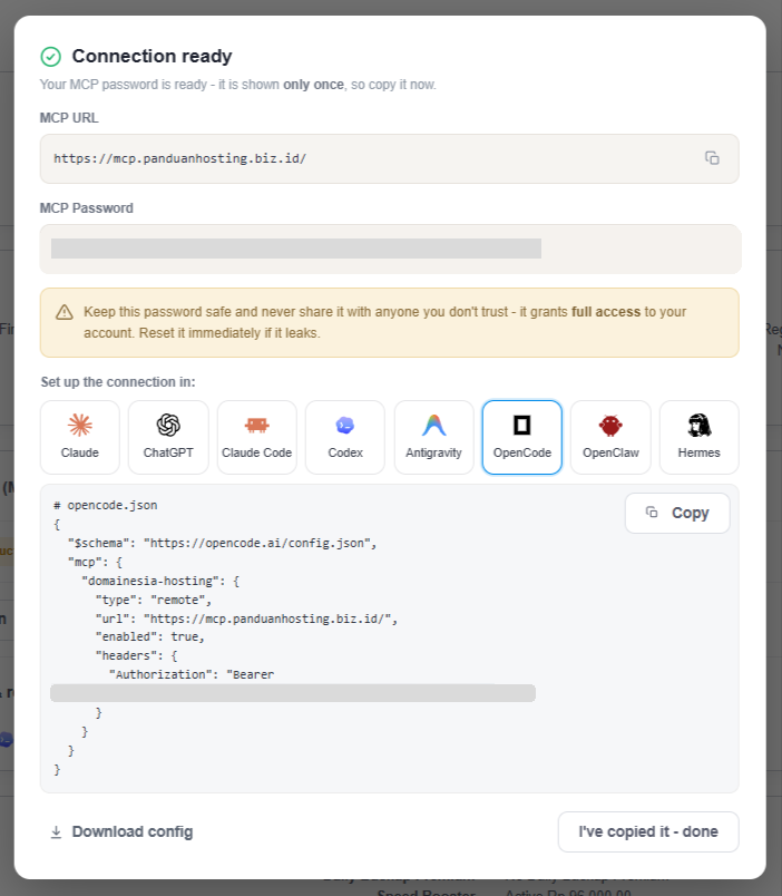 Gambar 4. Pilih tab OpenCode dan salin konfigurasi yang disediakan. Password sudah disensor pada contoh gambar. Gambar 4. Pilih tab OpenCode dan salin konfigurasi yang disediakan. Password sudah disensor pada contoh gambar.