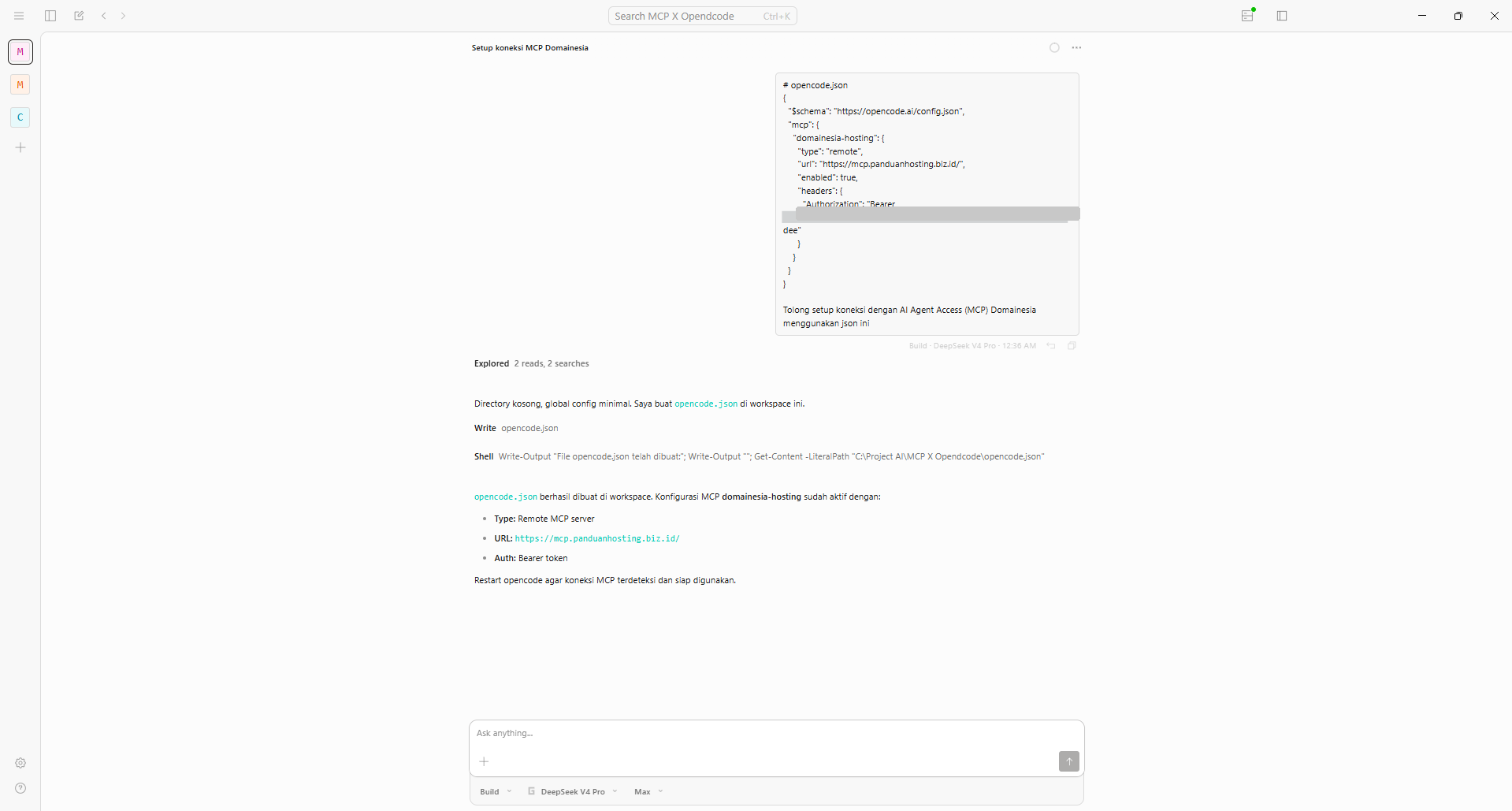 Gambar 5. OpenCode membuat file opencode.json dari konfigurasi yang diberikan. Gambar 5. OpenCode membuat file opencode.json dari konfigurasi yang diberikan.